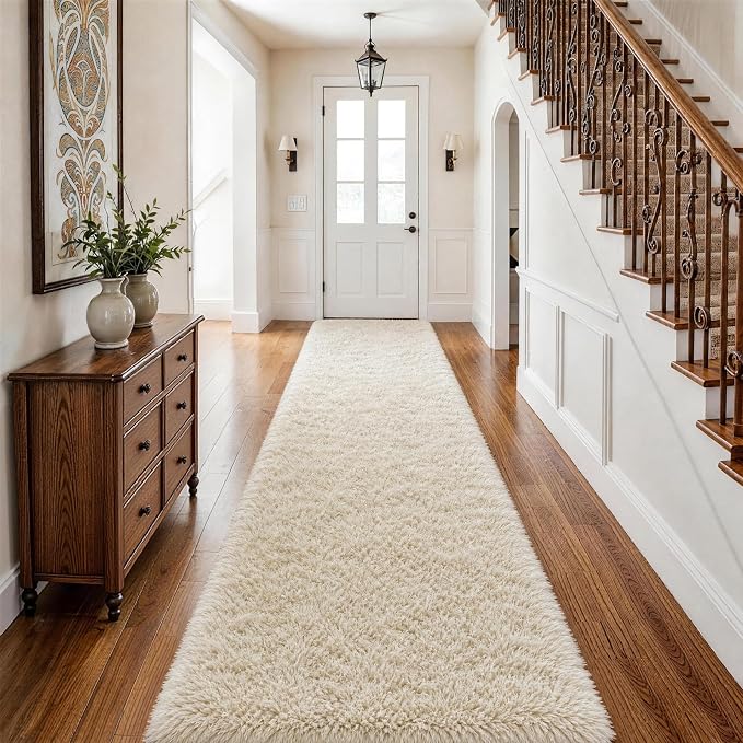 Ophanie Runner Rug for Hallway, 2.5x12 Washable Non-Slip Fluffy Soft Bedside Rugs, Bedroom Living Room Shaggy Carpet for Kids Girls Boys Dorm Nursery Home Decor Aesthetic, Ivory