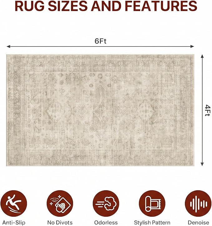 48"x72" Office Chair Mat for Hardwood Tile Floor, Under Desk Carpet Protector for Rolling Computer Chair Mat, Machine Washable Area Rug, Anti-Slip 1/5" Thick Low Pile Thin Vinyl Floor Mat, Ivory