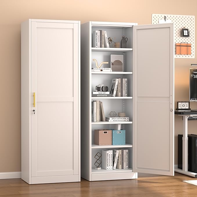 Ckzbx Metal Locker Tall Narrow Storage Cabinet, 67" H Locking Tool File Cabinets Snack Locker Organizer for School Classroom,Bedroom,Gym Home Office,Entryway and Hallway (20" W 1Door White)