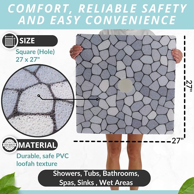 Shower Mat with Center Drain Hole - Secure Loofah Non Slip Shower Mats for Inside Shower - 27x27 Square Bath Mats for Shower - Anti Slip Shower Stall Mat - Square Shower Floor Mat (27x27 Pebble Blue)