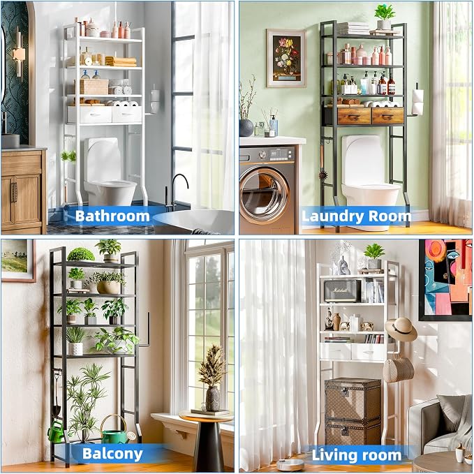 Simple Trending 4 Tier Over The Toilet Storage with Drawers, Heavy Duty Bathroom Stand Organizer Metal Shelves for Laundry, White