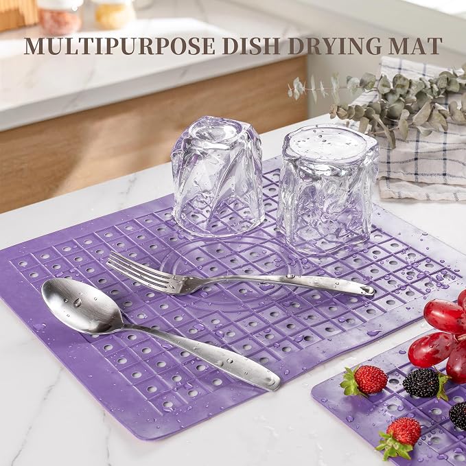 WILLKOMMEN Kitchen Sink Mat, 12" x 10" Rectangular Sink Protector Pad, Fast-Draining Grid Design Liner, Dish Drying Mat , 2 Pack Purple