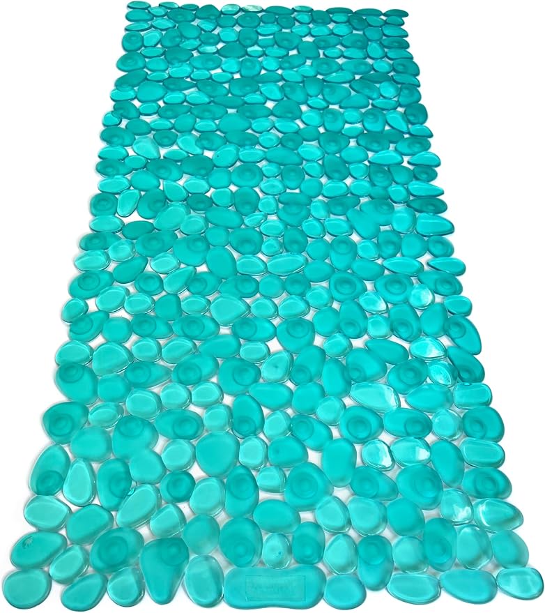 “Pebbles” Non-Slip Bathtub/Shower Mat 27.5”x14” Rectangular, Non-Toxic, Safe, Clean, Machine-Washable, Superior Grip & Drainage, Vinyl, for Smooth Floors ONLY, Transparent Turquoise