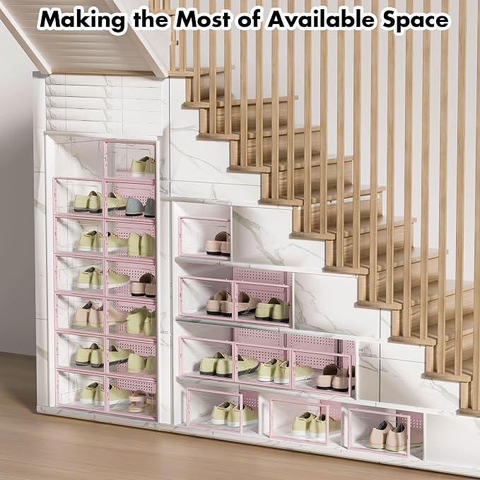 Foluck Shoe Storage Box, 15 Pack Clear Plastic Stackable Organizer for Closet, Interlocking Design Shoes Container Bins for Sneakers, Foldable Shoe Rack with Lids, Pink