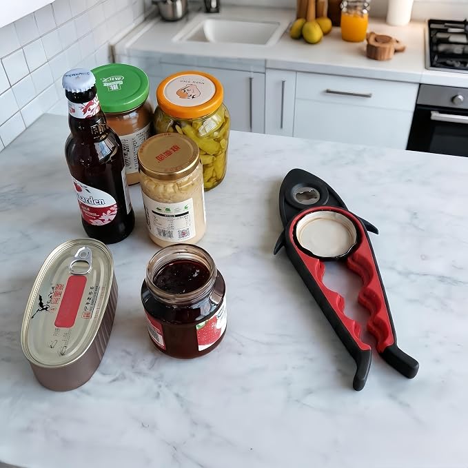 Jar Opener Bottle Opener for Arthritis, 5-in-1 Multifunctional Jar Opener, Easy to Use for Seniors and Weak Hands, Shark Shape Kitchen Gadget for jar, Beer and Bottle (Black and Red)