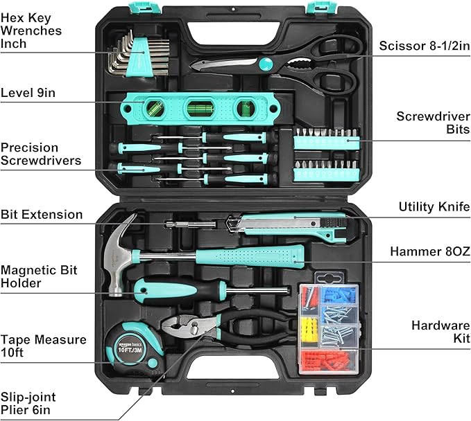 Amazon Basics 142-Piece Household Tool Kit for Home Repair, Hand Tools with Storage Case, 13.39 x 9.25 x 2.95 inch, Turquoise