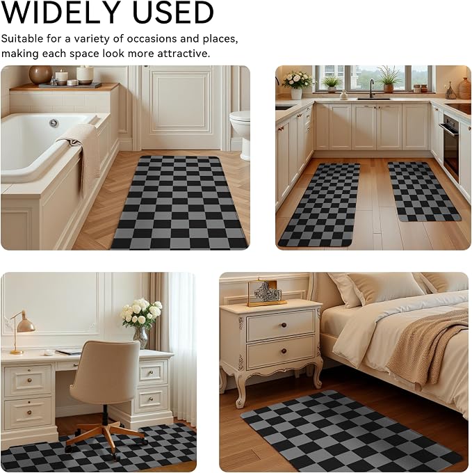 Black Grey Checkered Grid Checkerboard Kitchen Rug Sets [2 PCs], Anti-Fatigue, Waterproof Non-Slip Kitchen Mats Heavy Duty Comfort Foam Rug for Kitchen, Floor, Laundry,17"x29"+17"x47"