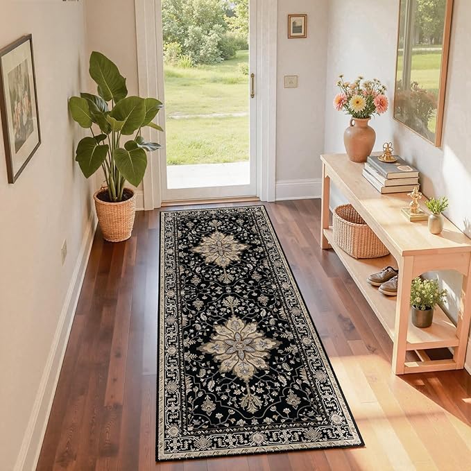 RELEANY Area Rugs Runner 2'x6' Washable Non-Slip, Floral Vintage Distress Medallion Carpet for Kitchen Hallway Bedroom Beside Laundry Room Bathroom, Black Brown Neutral Dark Tan