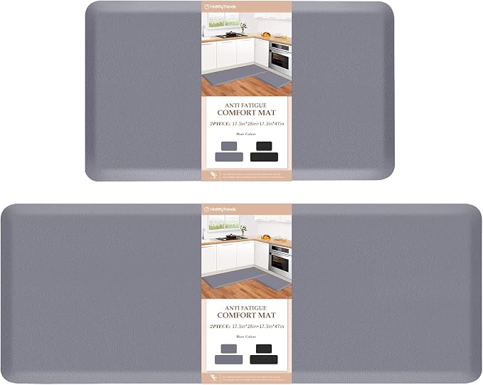 HappyTrends 2 PCS Kitchen Mat Cushioned Anti-Fatigue Floor Mat, Heavy Duty Ergonomic Comfort Foam Standing Mat, Waterproof Non-Slip Kitchen Rugs for Home, Office(17.3"x28"+17.3"x47",Grey)