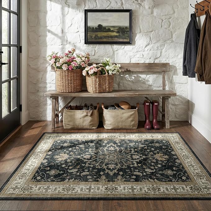 RELEANY Area Rugs 3'x5' Washable Non-Slip, Floral Vintage Distress Medallion Carpet for Living Room Bedroom Dining Room, Vintage Black Brown Neutral