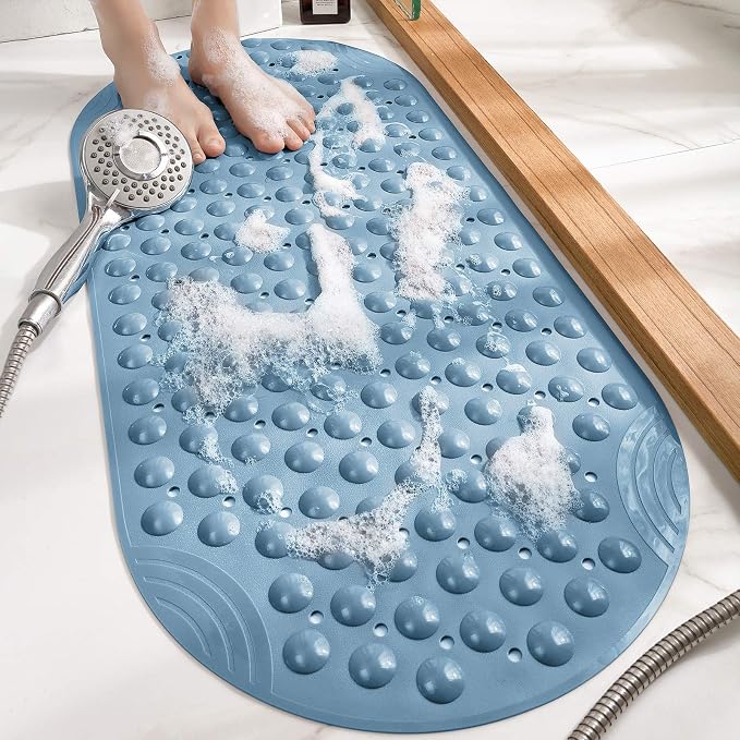 DEXI Bathtub Mat Non Slip 16x35, Shower Floor Mats for Bathroom Bath Tub, Washable Oval Bathmat with Suction Cups and Drain Holes, Blue