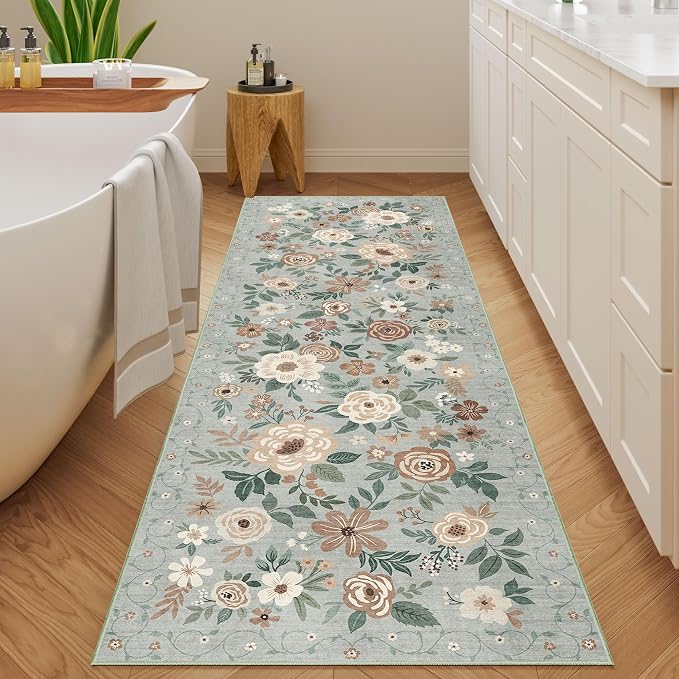 DUKINO 2x6 Runner Rug for Hallway, Washable Kitchen Runner Rug with Non Slip Backing, Low Pile Soft Boho Floral Runner for Kitchen, Hallway, Entryway, Laundry, Bedroom, Sage Green