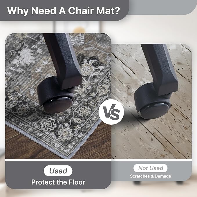 48"x72" Office Chair Mat for Hardwood Tile Floor, Under Desk Carpet Protector for Rolling Computer Chair Mat, Machine Washable Area Rug, Anti-Slip 1/5" Thick Low Pile Thin Vinyl Floor Mat, Black
