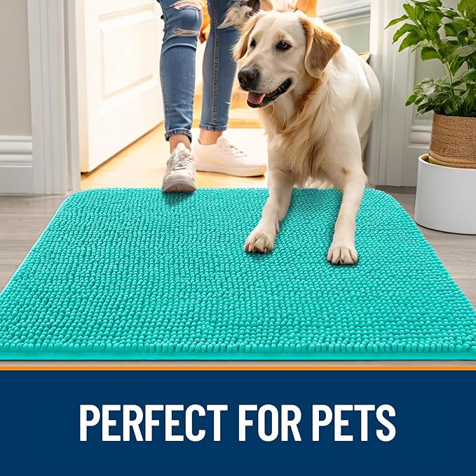 OLANLY Dog Door Mat for Muddy Paws 44x32, Absorbs Moisture and Dirt, Absorbent Non-Slip Washable Doormat, Quick Dry Chenille Mud Mat for Dogs, Entry Indoor Entryway Carpet for Inside Floor, Teal