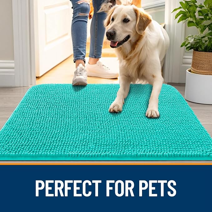 OLANLY Dog Door Mat for Muddy Paws 70x35, Absorbs Moisture and Dirt, Absorbent Non-Slip Washable Doormat, Quick Dry Chenille Mud Mat for Dogs, Entry Indoor Entryway Carpet for Inside Floor, Teal