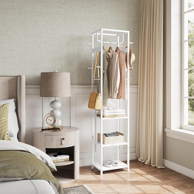 ELYKEN Coat Rack Freestanding, Hall Tree with 3 Storage Shelves and 12 Hooks, Industrial Clothes Rack Stand Organizer for Bedroom, Hallway, Entryway, Office, Living Room, White