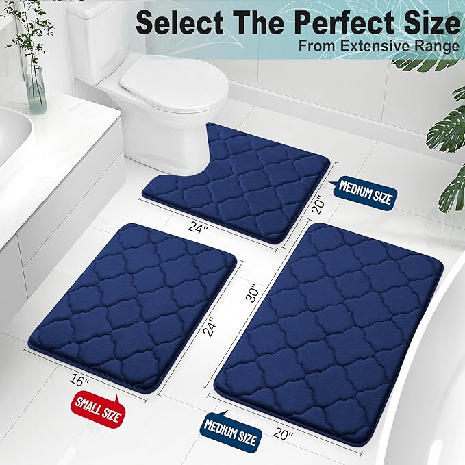 OLANLY Memory Foam Bath Mat Rug 24x16, Ultra Soft and Absorbent Bathroom Rugs, Non-Slip, Comfortable, Machine Washable Bath Carpet for Bathroom Floor, Tub, Shower and Home Decor Accessories, Navy