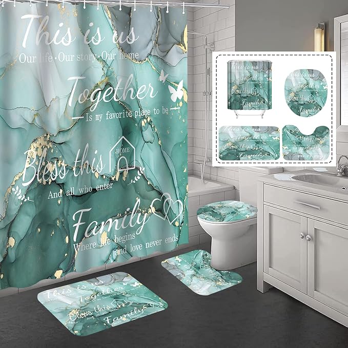 4Pcs Family Marble Shower Curtain Sets with Rugs,Green Home Inspirational Bathroom Decor Set, Bathroom Sets with Shower Curtain and Rugs, Waterproof Bathroom Shower Curtains, with 12 Hooks