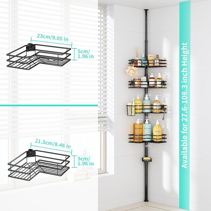 HapiRm Corner Shower Caddy Organizer - Shower Organizer Corner with Soap Holder, Toothbrush Holder and 4 Hooks, Rustproof Bathroom Shelf Tension Pole Available for 27.6 to 108.3 Inch - Black