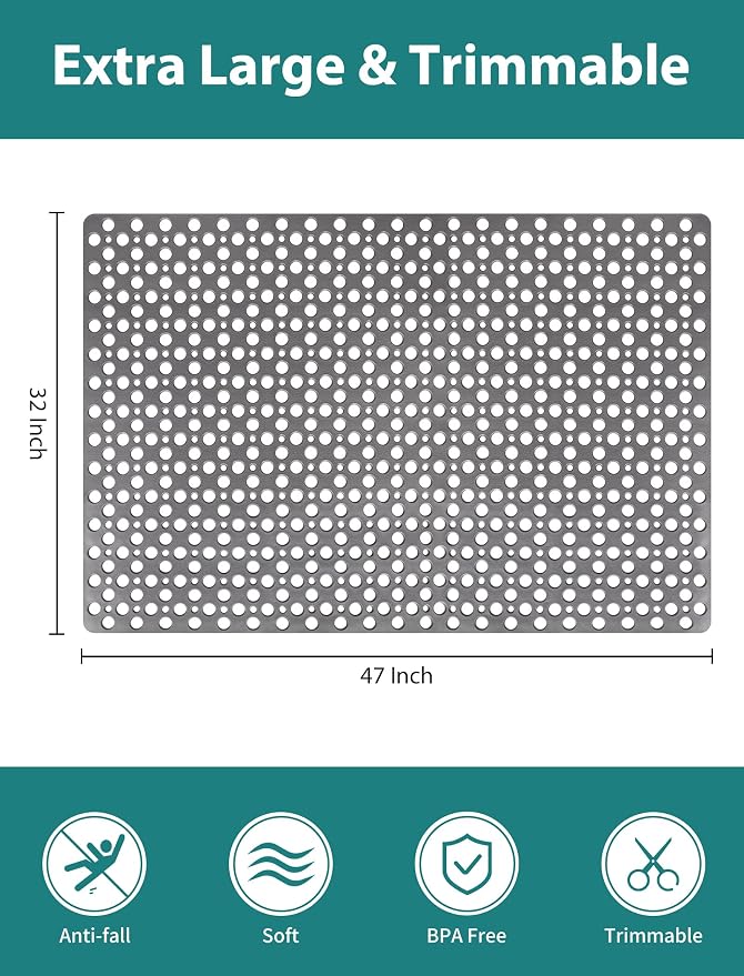 Extra Large Shower Mat, Yonala 47 x 32 Inch Non Slip Shower Mats for Inside Shower, Soft TPE Shower Floor Mat with Suction Cups and Drain Holes, Machine Washable Bathroom Shower Mat, Easy to Clean