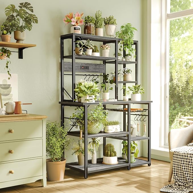 SUPERJARE Large Bakers Rack with Power Outlets, 6-Tier Microwave Stand, Coffee Bar with 12 S-Shaped Hooks, Kitchen Shelf with Wire Basket, 39.4 x 14.6 x 66.9 Inches, Charcoal Gray