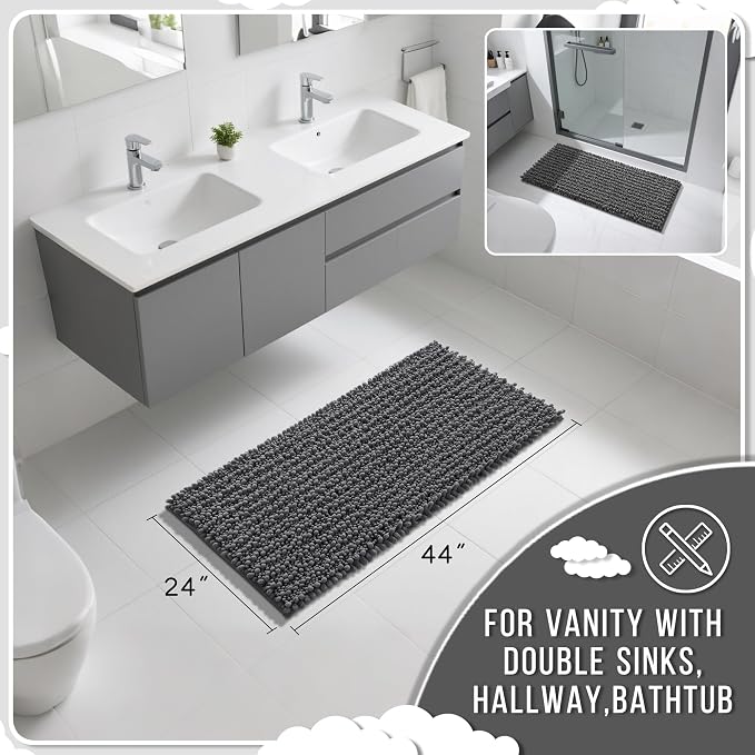 Yimobra Long Bathroom Rugs Non Slip Washable 44x24 Inch - Ultra Soft Absorbent Chenille Bath Mat, Quick Dry Shaggy Floor Carpet for Tub Shower, Dark Gray Home Decor Accessories