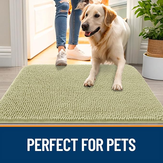 OLANLY Dog Door Mat for Muddy Paws 40x24, Absorbs Moisture and Dirt, Absorbent Non-Slip Washable Doormat, Quick Dry Chenille Mud Mat for Dogs, Entry Indoor Entryway Carpet for Inside Floor, Vanilla