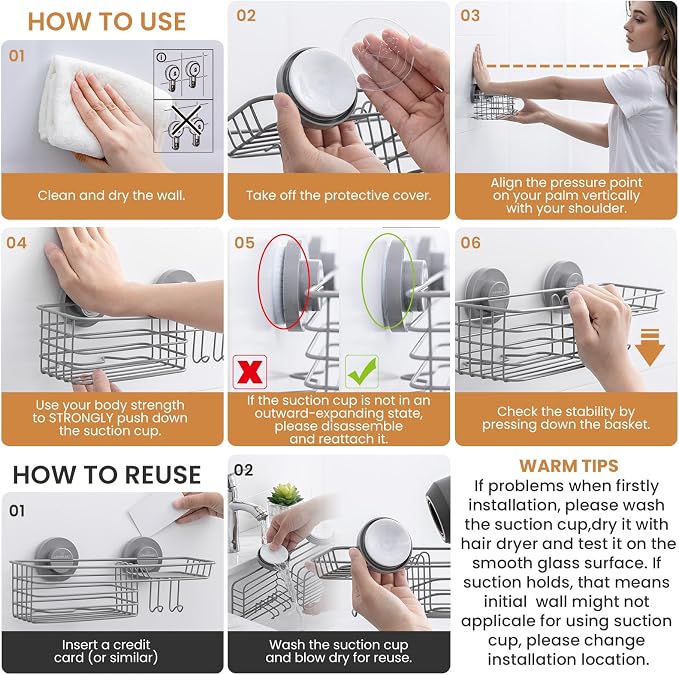 LEVERLOC Suction Cup Shower Caddy, Rustproof Shower Shelves for Inside with Hooks and Soap Holder, 2 Pack No Drill Meatl Bathroom Shower Organizer Grey