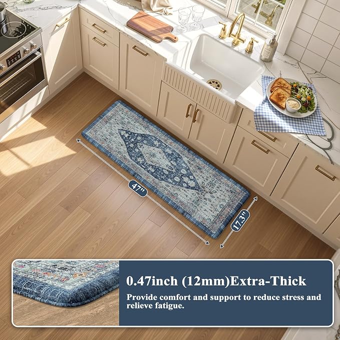 Collive Kitchen Mats for Floor, Boho Non Slip Kitchen Cushion Rug Kitchen Floor Mats Anti Fatigue for Office, Laundry, Sink, 17”x47”Dark Blue Non-Skid Waterproof Standing Desk Mat