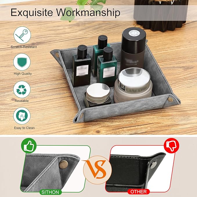 SITHON Valet Tray Desktop Storage Organizer – Premium PU Leather Catchall Bedside Vanity Tray Nightstand Caddy Holder for Remote Controller, Keys, Phone, Wallet, Coin, Jewelry (Gray)