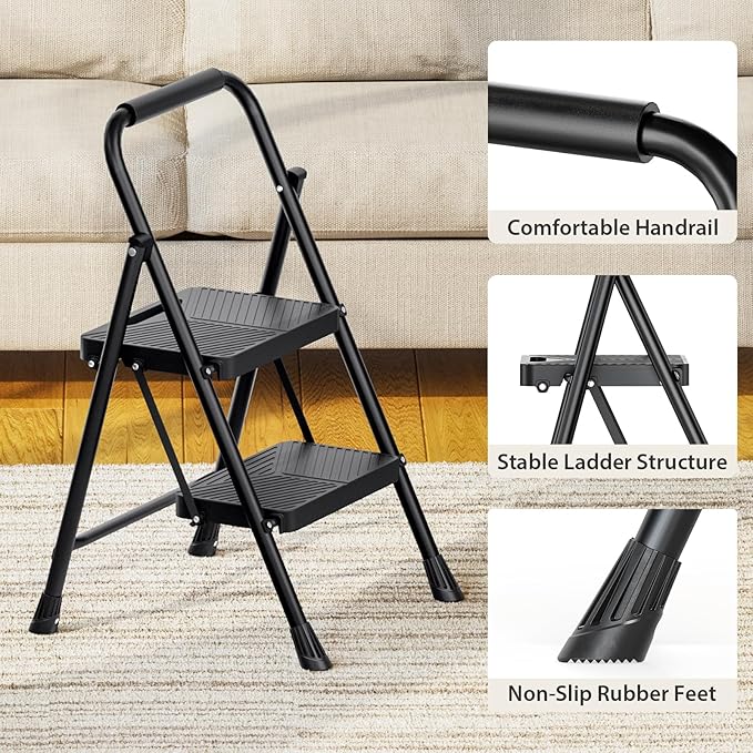 Urackify 2 Step Ladder, Folding Ladder for Multi-Purpose, Home, Kitchen, Heavy Sturdy Steel Portable Step Stool with Handrail, Safe-Lock Design, Anti-Slip Wide Pedals, Pass 500lbs Load Testing, Black