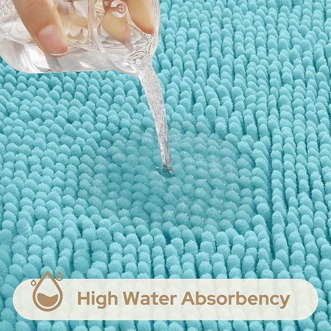 HOMEIDEAS 3 Pieces Bathroom Rugs, Ultra Soft Non Slip Absorbent Chenille Toilet Bath Mat Set (Aqua Blue)