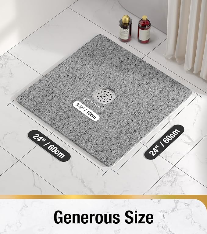 HITSLAM Shower Mat, 24x24 Inch Square Non Slip Bathtub Mat, Soft PVC Loofah Bath Mat for Tub with Hanging Holes, Quick Drying Shower Floor Mat, Without Suction Cups, Grey