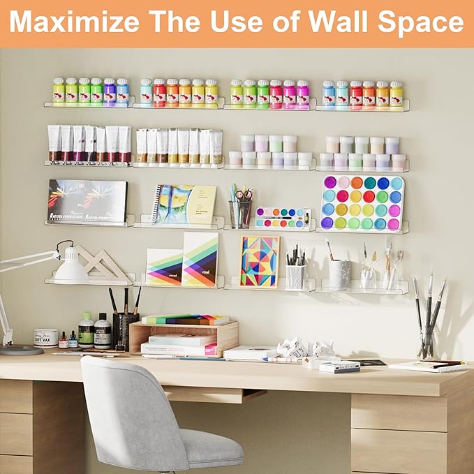 upsimples 14 Pack Acrylic Shelves Wall Organizer and Storage, 15" Display Shelf for Figure, Toy Cars, Perfume, Kids Bookshelf for Bedroom, Nursery, Craft Room, Clear