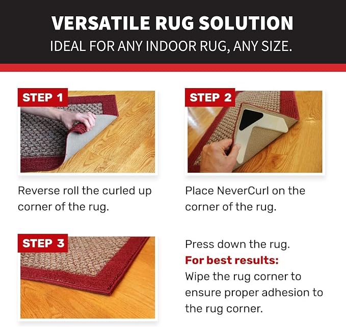 StepNGrip Rug Corner Grippers 4-Pack - Flattens Edges to Hold Rugs in Place - Impedes Curling with Stiff Layer - Reusable Carpet Grip Pads with Easy-Lift Design - 6.5 x 6.5 Inches