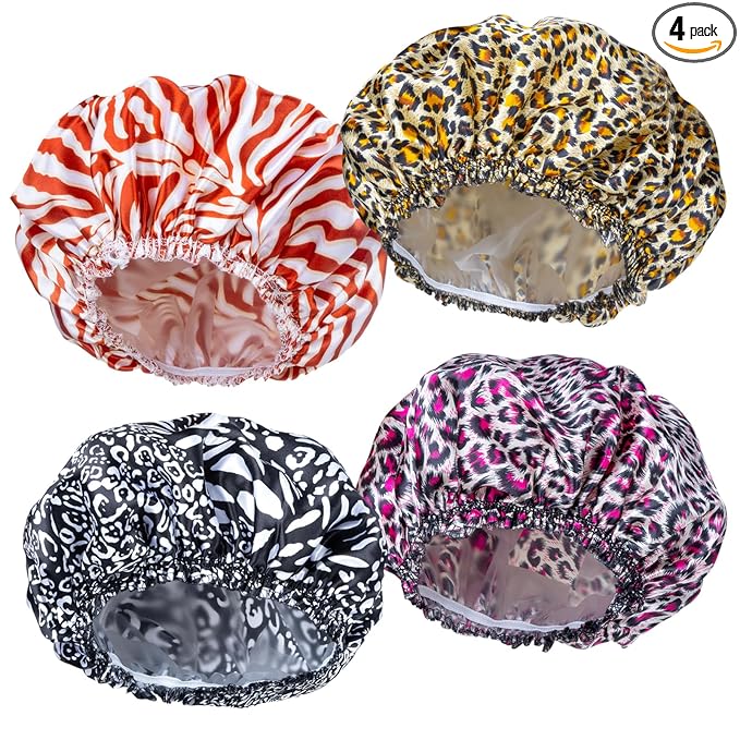 4 PCS Shower Caps for Women, Elastic and Reusable Bath Caps, Double Waterproof Layers Shower Cap, Bathing Shower Caps, Environmental Protection Hair Bath Hat - Printed Color