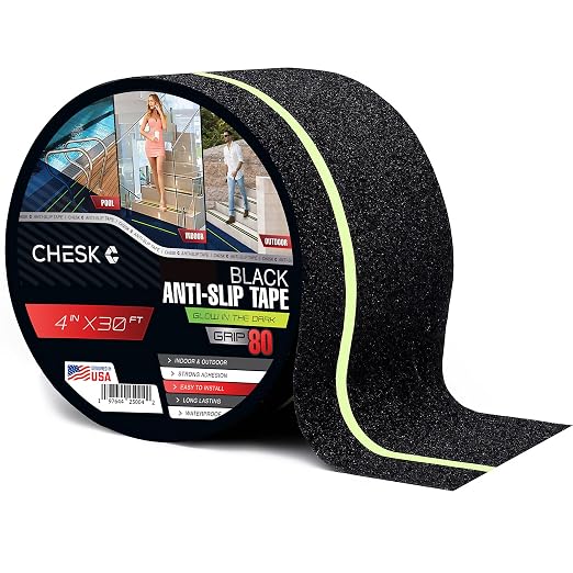 Chesk Grip Tape for Stairs – 4in x 30ft Glow in the Dark Black Grip Tape – Adhesive Stair Treads Non-Slip Indoor and Outdoor – Anti-Slip Stair Strips for Skateboard, Shower, Floor, Steps