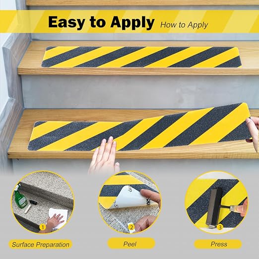 S&X S680 Anti Slip Stair Treads 6" x 24", 5-Pack Pre-Cut Black/Yellow Caution Non Slip Safety Tape Strips for Outdoor Stair Treads, Wooden Steps & Exterior Grips