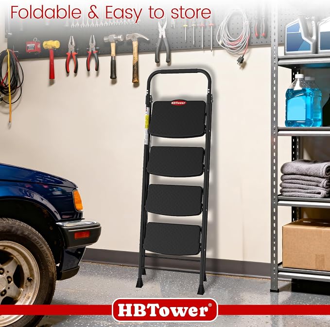 HBTower 4 Step Ladder, Step Stool Foldable with Wide Anti-Slip Pedal, Sturdy Steel Ladders for Home Adults Kitchen