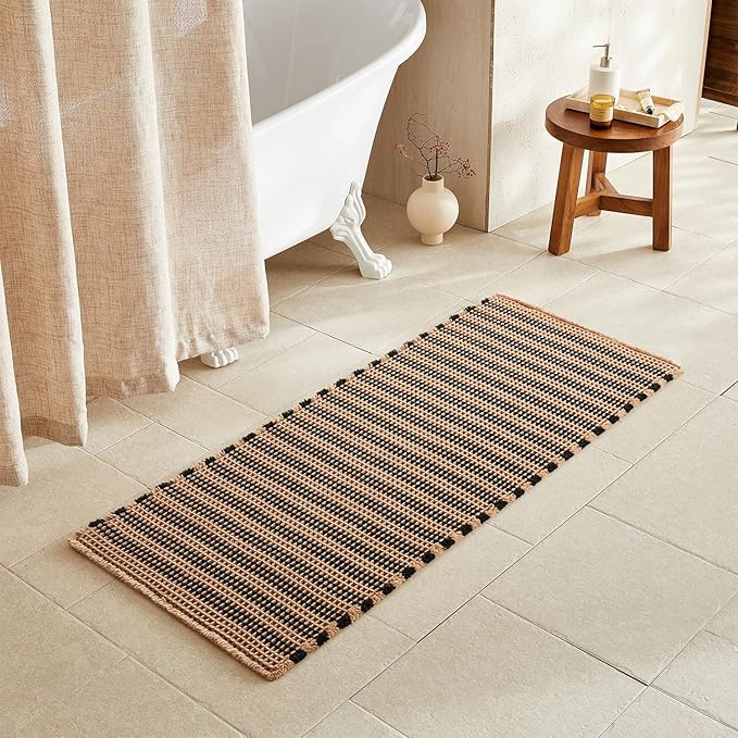 TYUU Waffle Runner Rug Bathroom, Long Boho Bathroom Rugs Non Slip Washable Super Absorbent Quick Dry Farmhouse Bath Decor, 60"x24" Black and Khaki