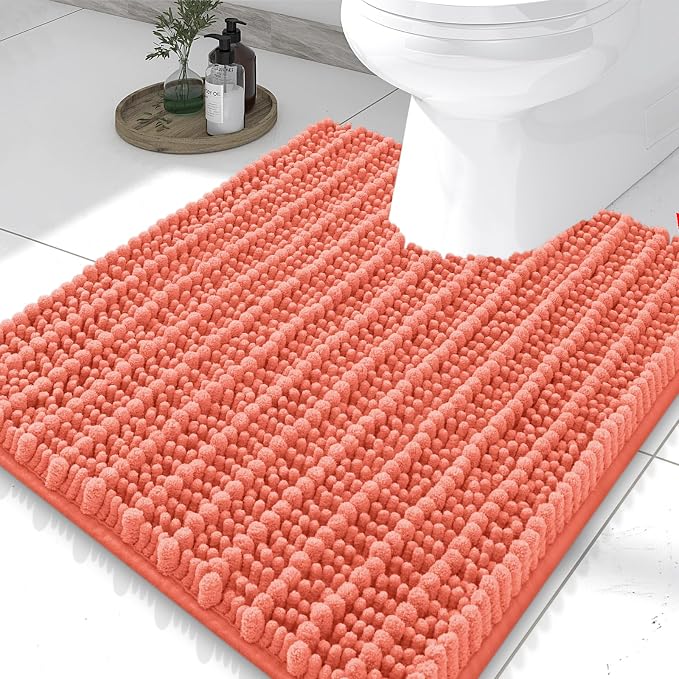 Smiry Bathroom Toilet Rugs U Shaped 24x20, Extra Soft Absorbent Non Slip Rubber Backing Chenille Contour Bath Rugs for Toilet, Machine Washable Contoured Bath Mats, Coral