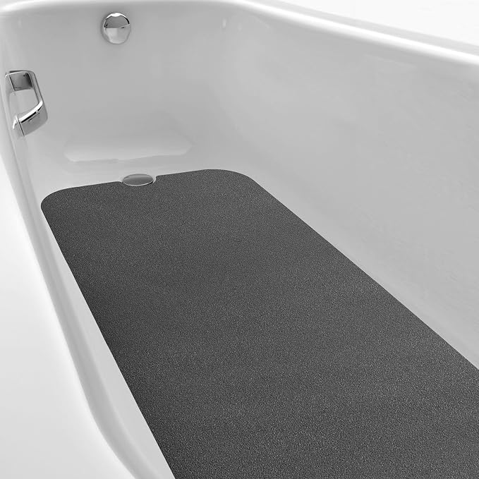 Dunzoom 16" x 40" Non Slip Bathtub Mat with Drain Cut Out Non Skid Safety Bath Mat Adhesive Peel and Stick Bath Tub Mat Arc Angle PEVA Tub Anti Slip Stickers for Shower Floor Wet Areas(Dark Gray)