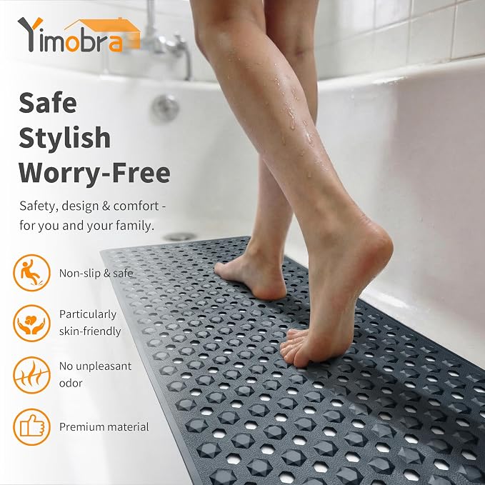 Yimobra Bathtub Mat Non Slip, 34.5"X15.5" Long Shower Mat for Inside Shower, Machine Washable Bath Mat with Drain Holes & Strong Suction Cups, Soft on Feet, Bathroom Essentials, Dark Grey