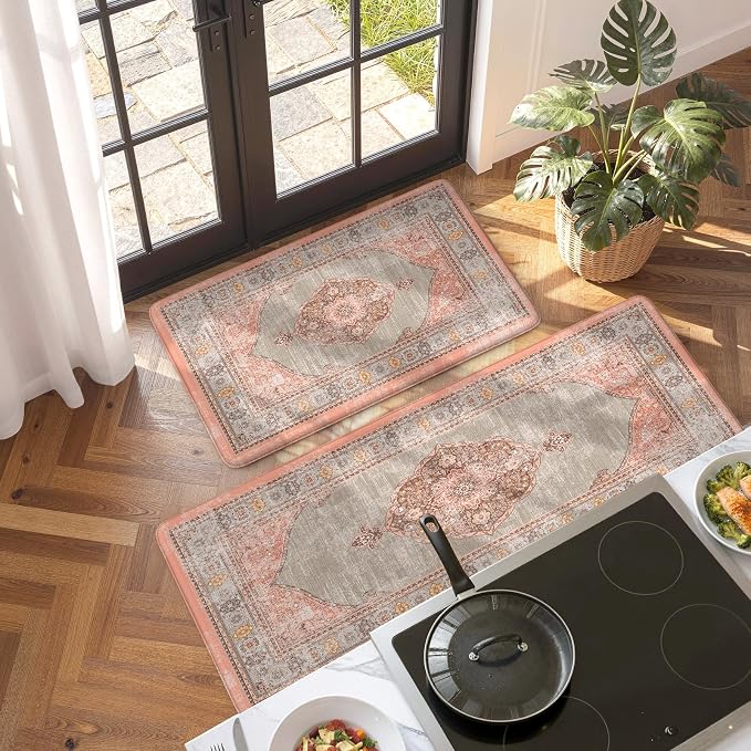Collive Boho Kitchen Mats for Floor Cushioned, Anti Fatigue Waterproof Kitchen Rug Set of 2 Non Skid Comfort Standing Mat for Office, Sink, Laundry, 17.3"x29"+17.3"x47"(Coral & Greige)
