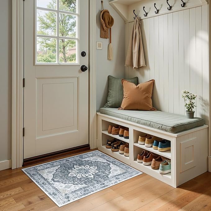 RELEANY Area Rugs Small 2'x3' Washable Non-Slip, Floral Vintage Distress Medallion Carpet for Kitchen Entryway Bathroom, Light Gray Grey White