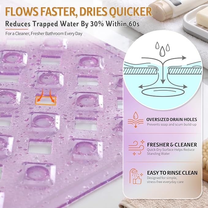 Yimobra Non Slip Bath Mat, Super Strong Suction Cups,35"X16"Long Tub Mat with Drain Holes, Machine Washable Fast Draining Shower Mats, Bathroom Essentials, Clear Purple