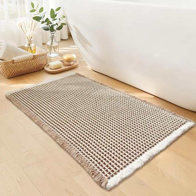 Waffle Bath Mat - Boho Bathroom Rugs Non Slip Washable, Super Absorbent & Quick Dry, Soft Bath Mat Farmhouse Bathroom Decor, 20'' x 32'', Khaki and White