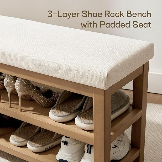 Zihanhome 2 Tier Shoe Rack Bench with Cushion, Solid Wood Shoe Benches, Mid-Century Modern Shoe Storage Bench for Entryway, Hallway, Living Room, Closet, Front Door Entrance, (Beige, 31.5")