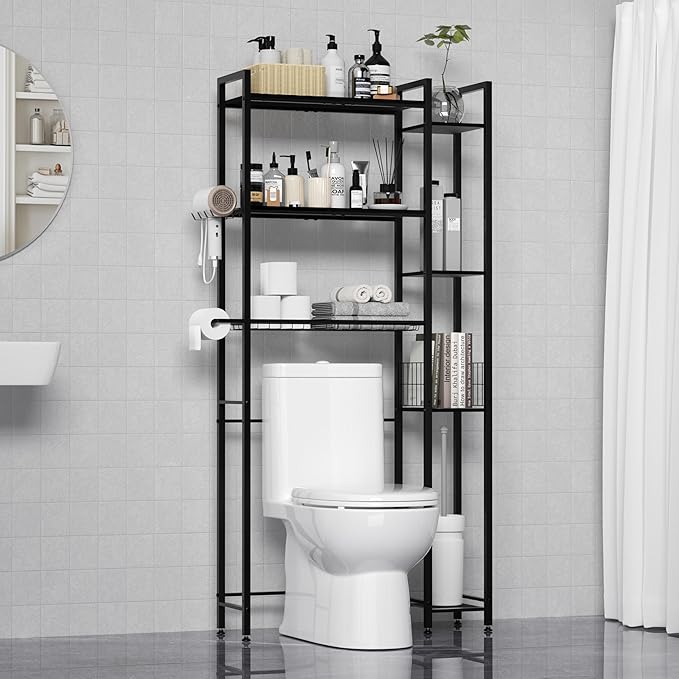 Over The Toilet Storage with Wooden Shelves and Side Rack, 7-Tier Black Over Toilet Bathroom Organizer Freestanding Storage Shelf for Toilet Paper, Towels, Toiletries, 31.5" Wide