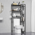 Over The Toilet Storage with Wooden Shelves and Side Rack, 7-Tier Black Over Toilet Bathroom Organizer Freestanding Storage Shelf for Toilet Paper, Towels, Toiletries, 31.5" Wide